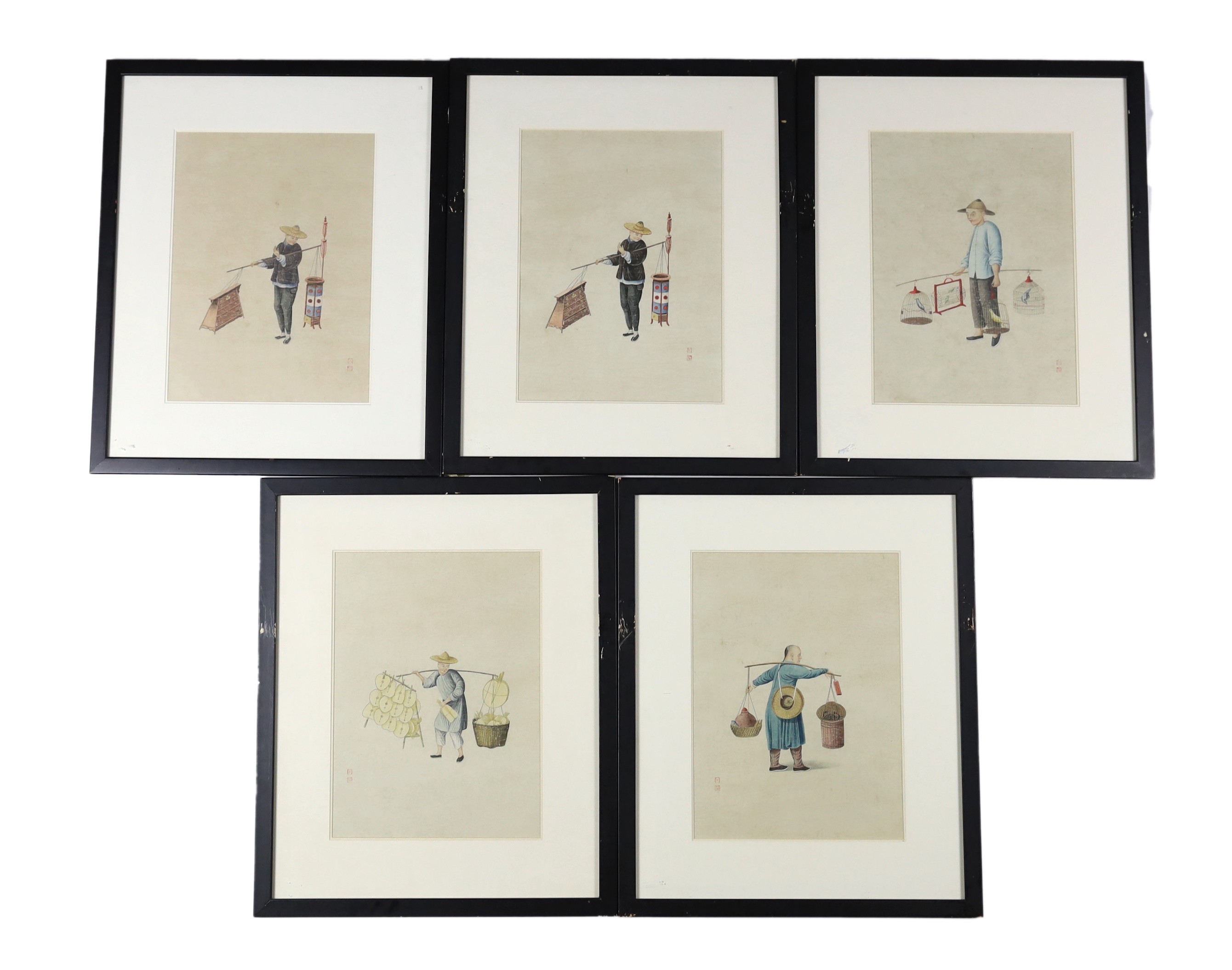 A set of five Chinese paintings on paper of street vendors, 19th century, image 37cm x 27cm